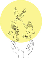 Continuous one line drawing two Hand holding Dove flying. Peace day concept. Single line draw design vector graphic illustration.