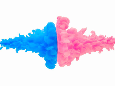水中で衝突する絵の具 , 青とピンク1 , 白背景