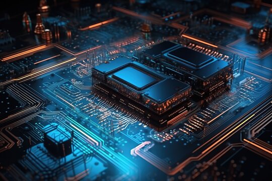 Futuristic server/ Abstract background circuit board futuristic server. Can be used as digital dynamic wallpaper, technology background. 3d rendering, Generative AI
