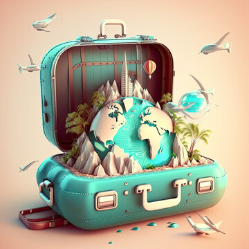 illustration of an open suitcase with different elements of vacations and travels. Concept of summer travel, tourism and fun.