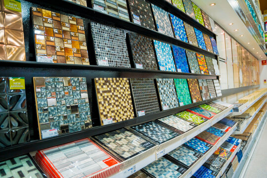 Colorful Samples Of A Ceramic Tile At The Showroom Of A Large Store.