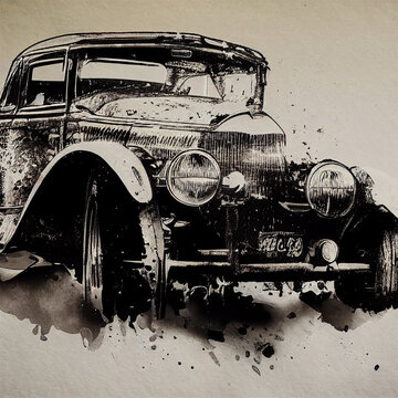 Oltimer Tintenzeichnung 1, alte Zeichnung eines Autos
