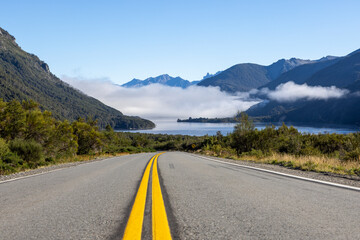 Driving the famous and idyllic road of the seven lakes from San Martin de los Andes to Villa la Angostura in Patagonia, Argentina - obrazy, fototapety, plakaty