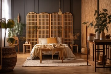 Vertical shot of cozy boho bedroom with bamboo dressing screen, home décor, dried plants in vase on hardwood and copy space floor. Generative AI