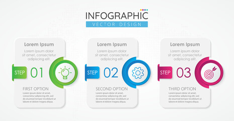 Timeline infographic design template with icons and 3 options or steps. Abstract elements of graph, diagram, parts or processes. Vector template for presentation.