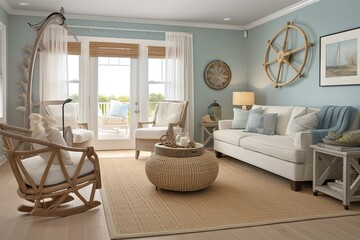 Coastal living room with a beachy color palette, natural textures such as rattan and driftwood 2