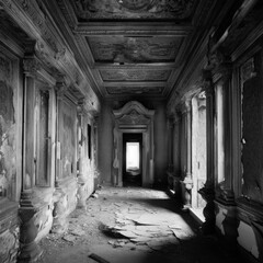 black and white interior of an abandoned black and white mansion urbex