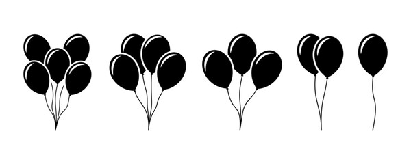 Set of balloons vector icons set. Black silhouette with bunch balloons with rope. Flying balloon. © Міша Герба