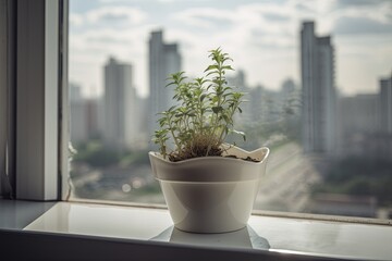 A New Houseplant Journey: Cultivating Growth with a City View from an Apartment Windowsill, Generative AI