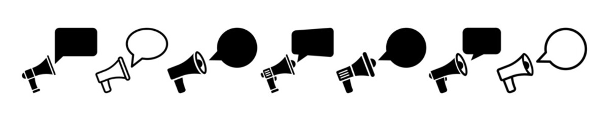 Set of megaphone with empty speech bubble vector icons. Important message. Announce information. Loud speak.