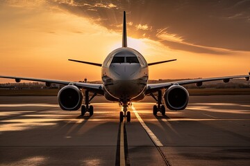Naklejka na ściany i meble Sunset Flight: A Larger Than Life Jet Ready to Takeoff at the Airfield. Generative AI