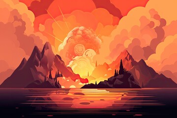 The Cataclysmic Apocalyptic Power of a Volcanic Eruption - Lava Lake and Fire-Filled Clouds. Generative AI