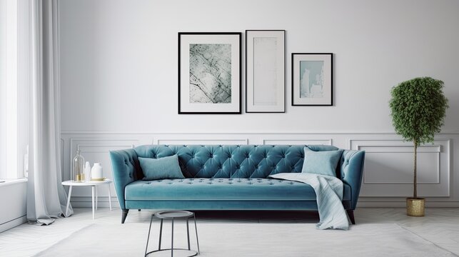 Stylish Living Room with White Interior, Blue Sofa and Wall Art - Home Decor Concept Template, Generative AI