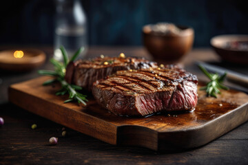 Fresh grilled meat. Grilled beef steak medium rare on wooden cutting board Generative AI