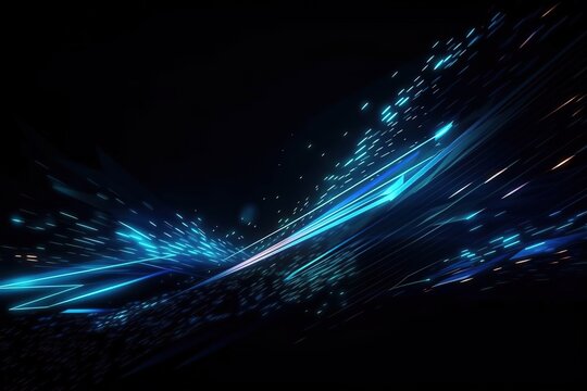 Vector Abstract, science, futuristic, energy technology concept. Digital image of light rays, stripes lines with blue light, speed and motion blur over dark blue line, Generative AI