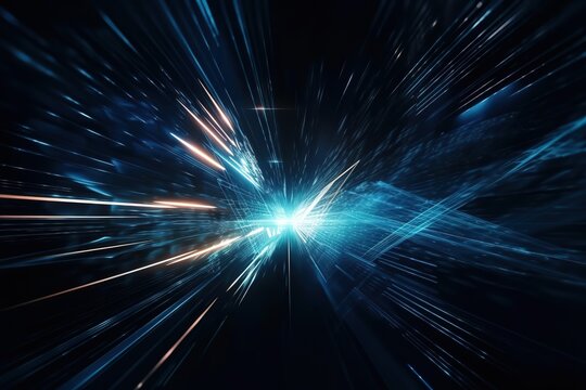 Vector Abstract, science, futuristic, energy technology concept. Digital image of light rays, stripes lines with blue light, speed and motion blur over dark blue line, Generative AI