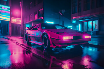 Obraz na płótnie Canvas Sleek retrowave car with neon lights illuminating on the city streets, Generative AI