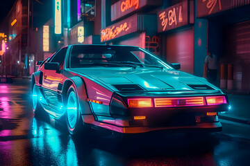 Sleek retrowave car with neon lights illuminating on the city streets, Generative AI