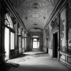 Fototapeta na wymiar black and white interior of an abandoned black and white mansion urbex Generative AI