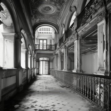 black-and-white image of an abandoned palace generative ai