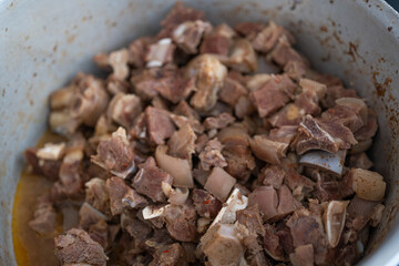 boiled goat meat in a pot ready to eat
