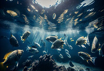 Underwater view with school fish in ocean. Sea life in transparent water. Generative AI