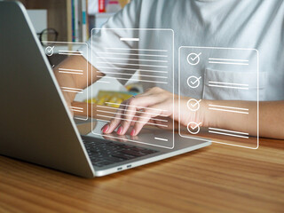 The concept of doing an online test or questionnaire icon. Team Satisfaction Survey, Service,...