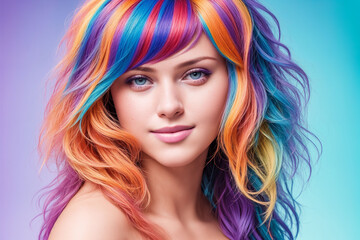 Fototapeta premium Portrait of a beautiful woman with bare shoulders and hair dyed with multi-colored strands. Generative AI