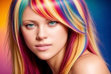 Fototapeta premium Portrait of a beautiful woman with bare shoulders and hair dyed with multi-colored strands. Generative AI