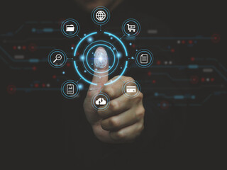 Businessman using thumb scan fingerprint to access data authentication Access to banking, financial, cloud, personal data