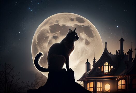 Black cat on roof and full moon. Scary halloween design layout for halloween night party poster invitation. Fantasy cat silhouette under moonlight. Generative AI