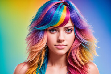 Fototapeta premium Portrait of a beautiful woman with bare shoulders and hair dyed with multi-colored strands. Generative AI