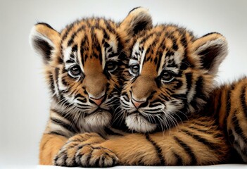 Fototapeta premium two baby tiger cubs cuddle together on a white background with their paws on their head and paws on their paws, as if they were lying down, they are cuddled together,. Generative AI