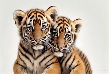 two baby tiger cubs cuddle together on a white background in front of a white background with a white background and a black and white background with a white background with a black. Generative AI