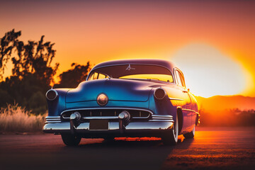 Plakat Old-fashioned car in the glow of the sunset. Created with generative technology.