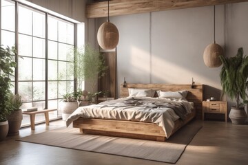 Loft apartment wooden bedroom design mockup,. Generative AI