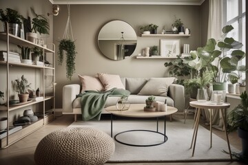 Green plants in pots, candles, and books on metal shelves in beige Scandinavian living room with comfy sofa, lamp, and wall mirror. Generative AI