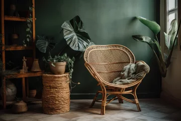 Papier Peint photo Style bohème Vintage chair, monstera, and rattan basket in boho décor. Generative AI