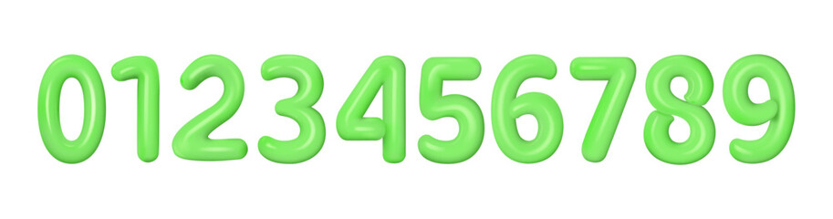 3d realistic green numbers from 0 to 9. Collection of 3d plastic voluminous numbers. Vector render illustration