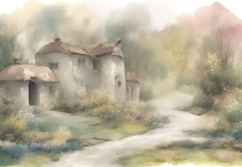 cottage house in the country and spring nature generative AI watercolor style illustration
