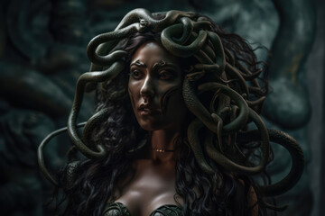 A fictional person, Gorgon's Enigmatic Gaze: A Haunting Image of the Mythological Medusa, Generative AI