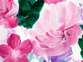 Abstract painting pink flowers, original hand drawn, impressionism style, color texture, brush strokes  art background.