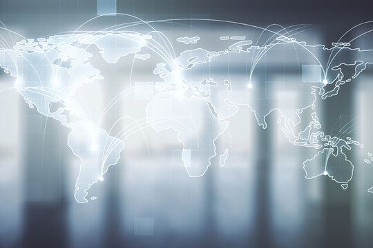 Abstract graphic digital world map hologram with connections on modern interior background, globalization concept. Multiexposure