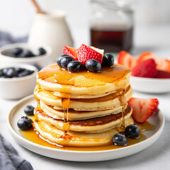 A stack of fluffy pancakes with fresh fruit and maple syrup