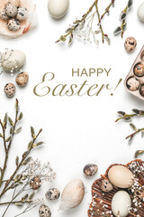Happy easter flat lay composition with eco friendly easter eggs decor on white background. Layout design for invitation, card, flyer, banner, poster. Easter card, Easter eco organic banner