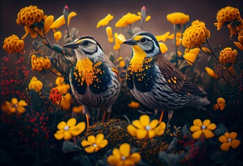 two colorful birds sitting next to each other on a field of flowers and flowers with yellow flowers in the background. Generative AI