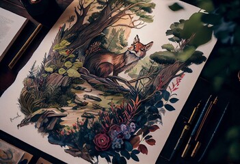 Woodland stories watercolor illustration. Generative AI