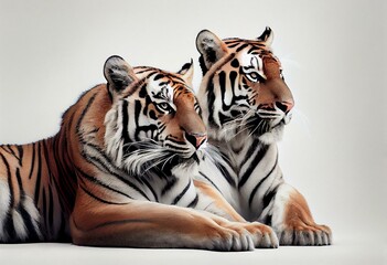 a couple of tigers laying next to each other on top of a white surface with their heads on the back of the other one's head and the other end of the other end of the. Generative AI