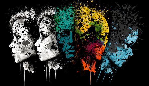 Sad woman faces, covered in paint.