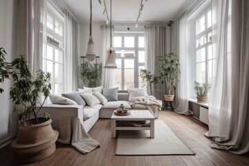 Fototapeta na wymiar White and gray farmhouse living room with drapes, fabric couch, and rattan flooring. Parquet. Retro interiors,. Generative AI